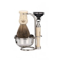 Бритвенный набор Mondial: станок, помазок, подставка и чаша; цвет слоновой кости Бритвенный набор Mondial: станок, помазок, подставка и чаша; цвет слоновой кости