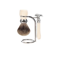 Бритвенный набор Mondial: классический станок, помазок, подставка; слоновая кость Бритвенный набор Mondial: классический станок, помазок, подставка; слоновая кость