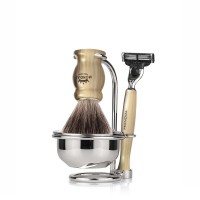 Бритвенный набор Mondial: станок, помазок, чаша, подставка; светлый и серый перламутр Бритвенный набор Mondial: станок, помазок, чаша, подставка; светлый и серый перламутр