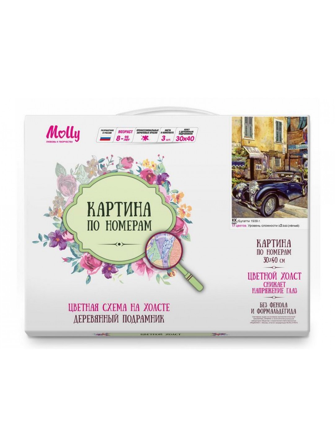 Картина по номерам с цв. схемой на холсте 30х40 Бугатти 1939 г. (17 цветов)