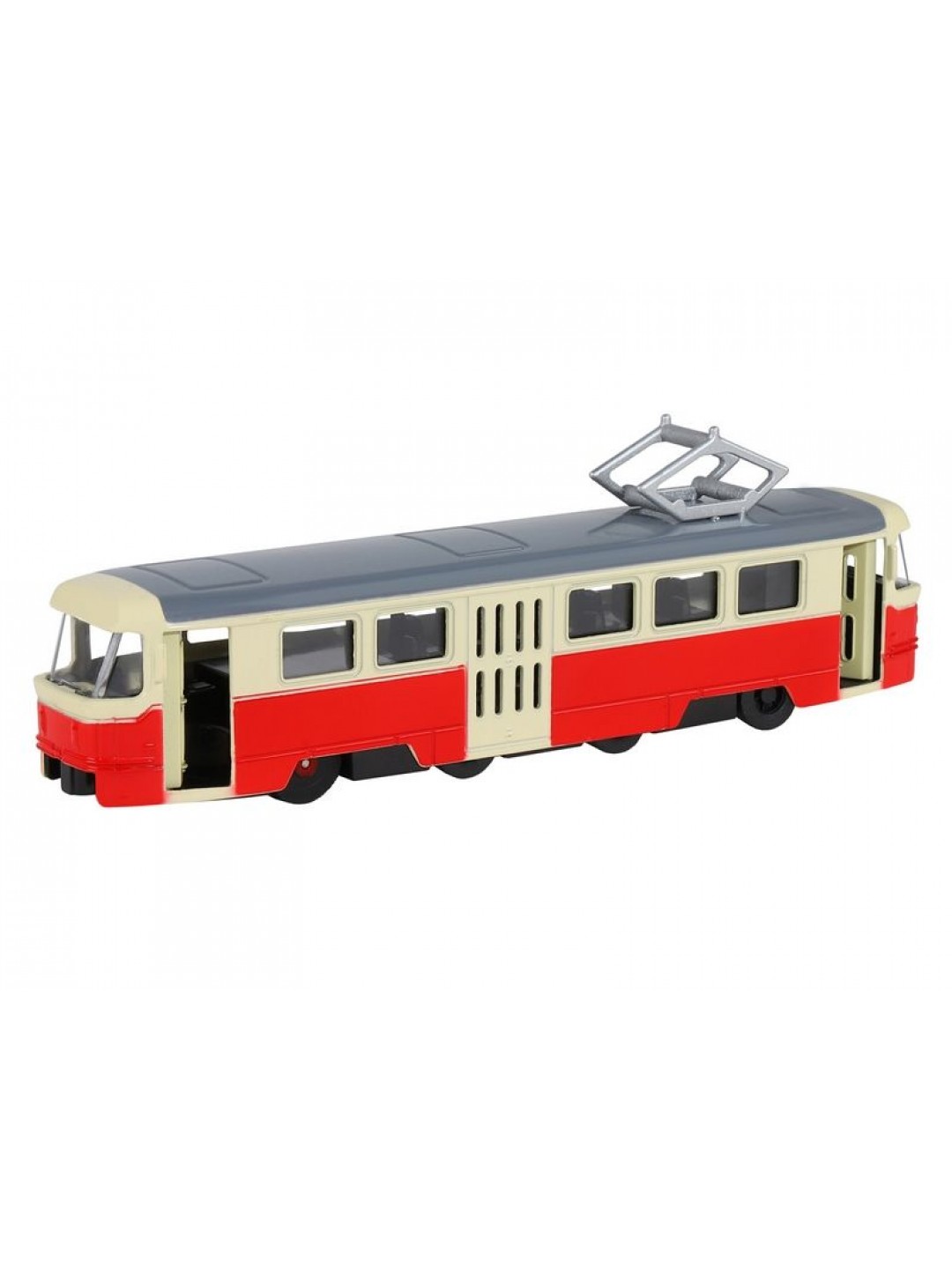 Трамвай "Автопанорама", красный, 1/90, свет, звук, инерция, в/к 22*13,5*5,8 см