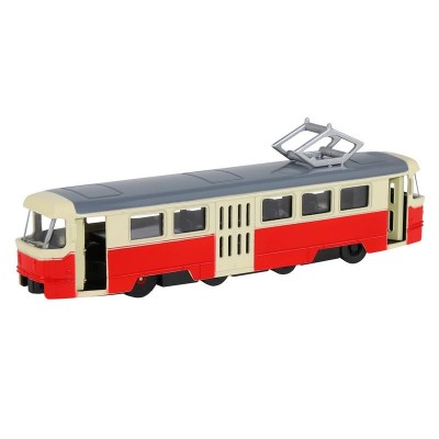 Трамвай "Автопанорама", красный, 1/90, свет, звук, инерция, в/к 22*13,5*5,8 см