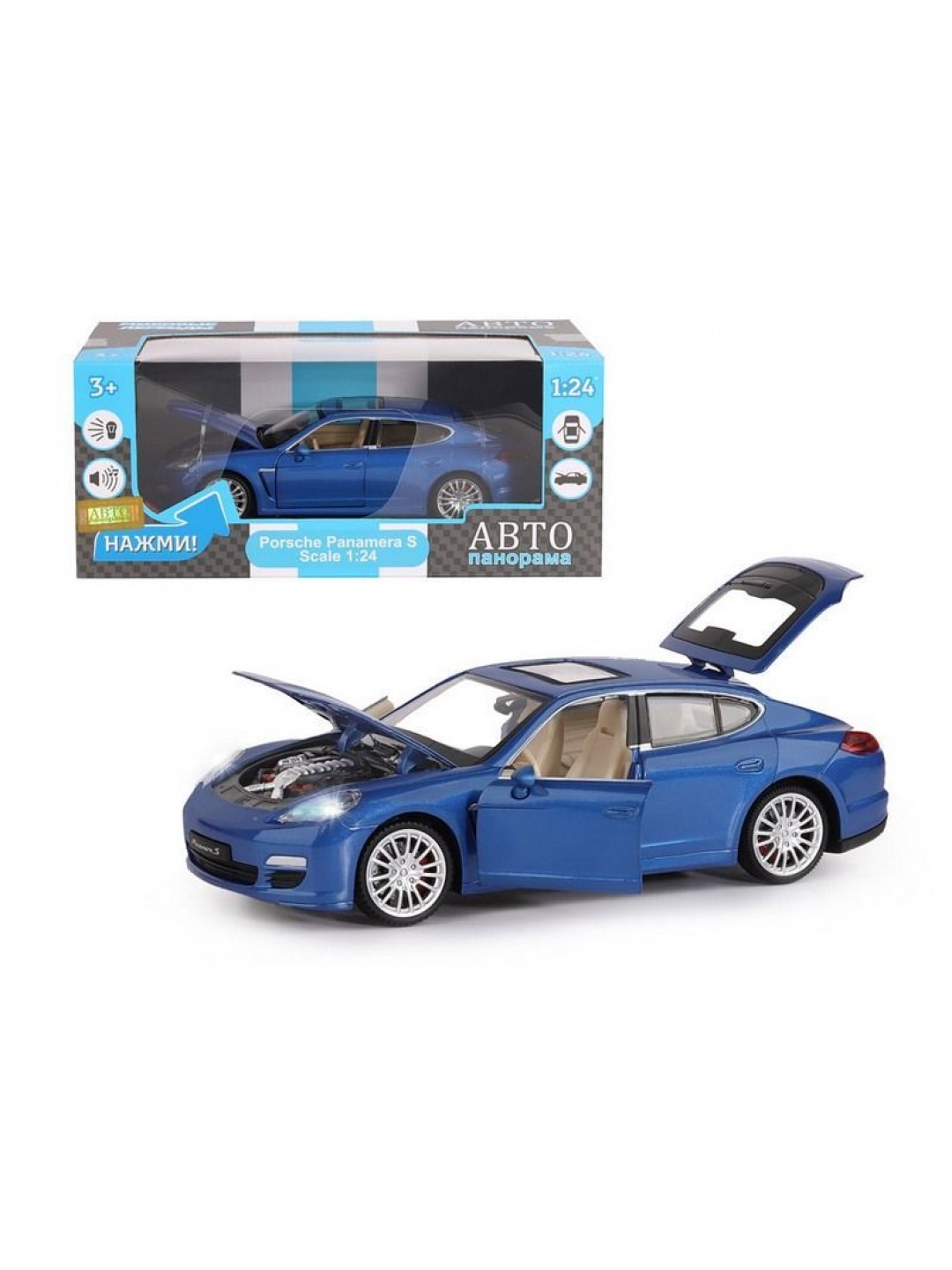 Машина "АВТОПАНОРАМА" Porsche Panamera S, синий, 1/24, свет, звук, в/к 24,5*12,5*10,5 см