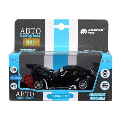 Машина "АВТОПАНОРАМА" BMW Z4 GT, черный, 1/32, свет, звук, инерция, в/к 17,5*13,5*9 см