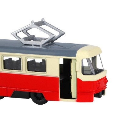 Трамвай "Автопанорама", красный, 1/90, свет, звук, инерция, в/к 22*13,5*5,8 см