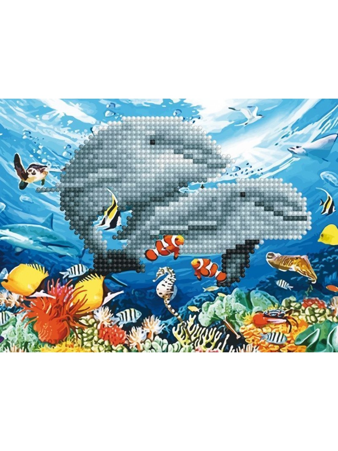 Алмазная мозаика 15х20 ДЕЛЬФИНЫ В МОРЕ (7 цветов)