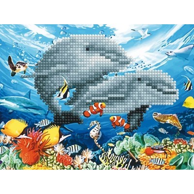 Алмазная мозаика 15х20 ДЕЛЬФИНЫ В МОРЕ (7 цветов)