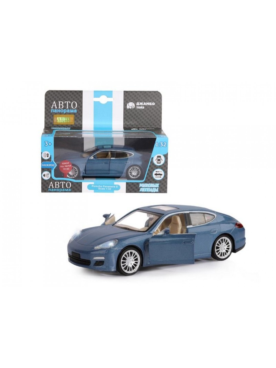 Машина "АВТОПАНОРАМА" Porsche Panamera S, синий, 1/32, свет, звук, инерция, в/к 17,5*13,5*9 см