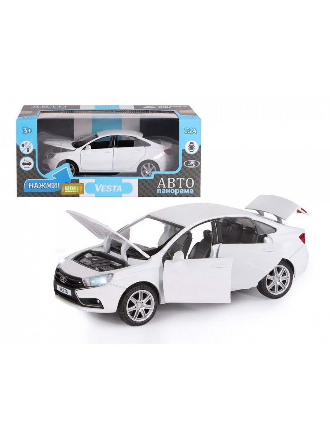 Машина "АВТОПАНОРАМА" LADA VESTA седан, 1/24,  белый, свет. звук. эффекты, в/к 24,5*12,5*10,5 см