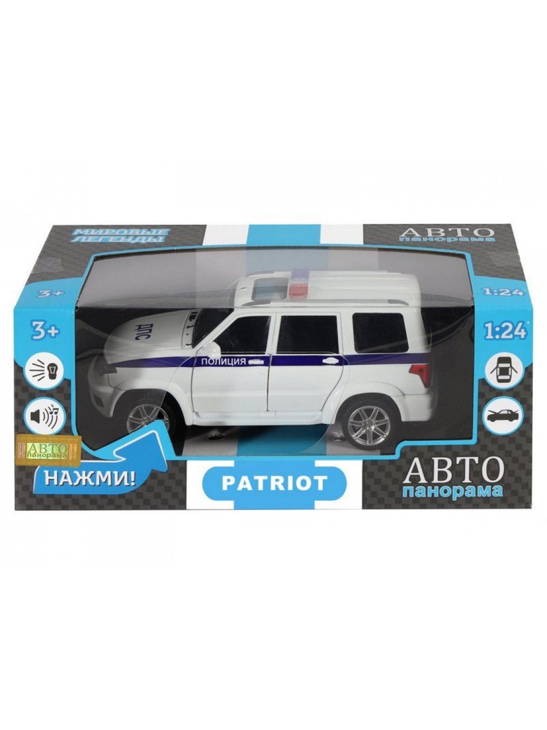 Машина "АВТОПАНОРАМА" УАЗ "PATRIOT" Полиция, 1/26, свет, звук, инерция, в/к 24,5*12,5*10,5 см