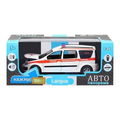Машина "АВТОПАНОРАМА" LADA LARGUS "Скорая помощь", 1/24, свет, звук, инерция, в/к 24,5*12,5*10,5 см
