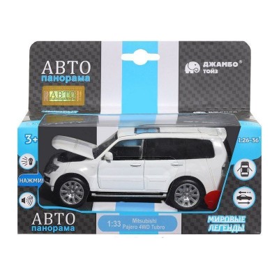 Машина "АВТОПАНОРАМА" Mitsubishi Pajero 4WD Tubro, белый, 1/33, свет, звук, в/к 17,5*13,5*9 см