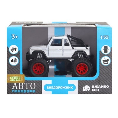 Машина "АВТОПАНОРАМА" "Внедорожник-пикап", белый, 1/32, свет, звук, инерция, в/к 19*10*12,5 см