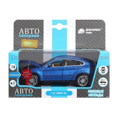 Машина "АВТОПАНОРАМА" BMW X6, синий, 1/32, свет, звук, инерция, в/к 17,5*13,5*9 см