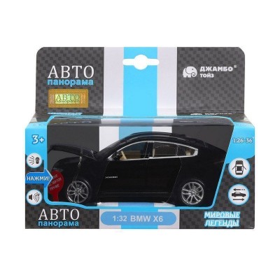 Машина "АВТОПАНОРАМА" BMW X6, черный, 1/32, свет, звук, инерция, в/к 17,5*13,5*9 см