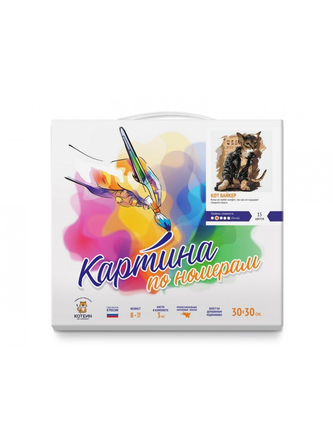 Картина по номерам 30х30 КОТ БАЙКЕР (15 цветов)