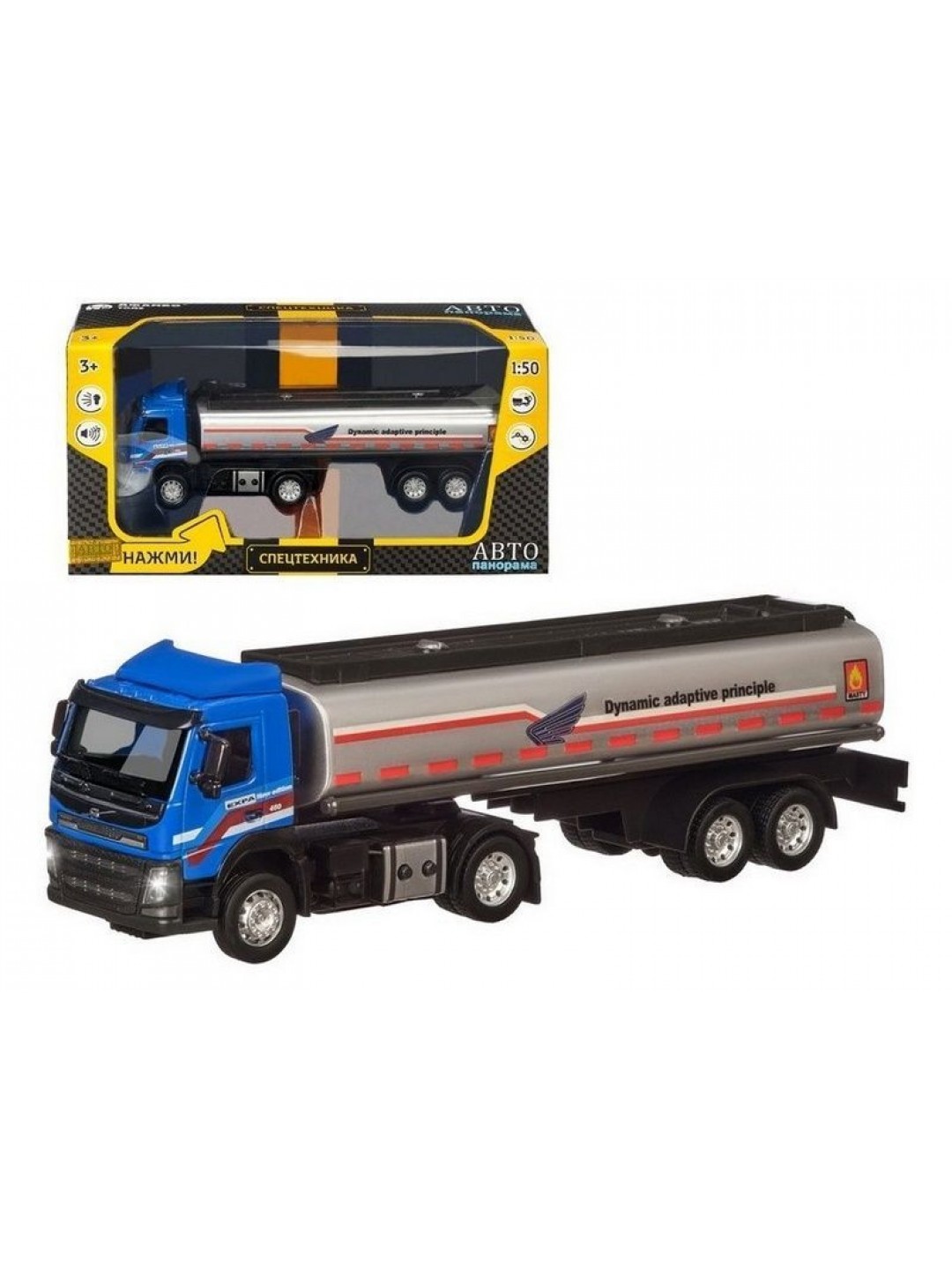 Машина "АВТОПАНОРАМА" Volvo бензовоз, голубой, 1/50, свет, звук, в/к 28*14*10 см