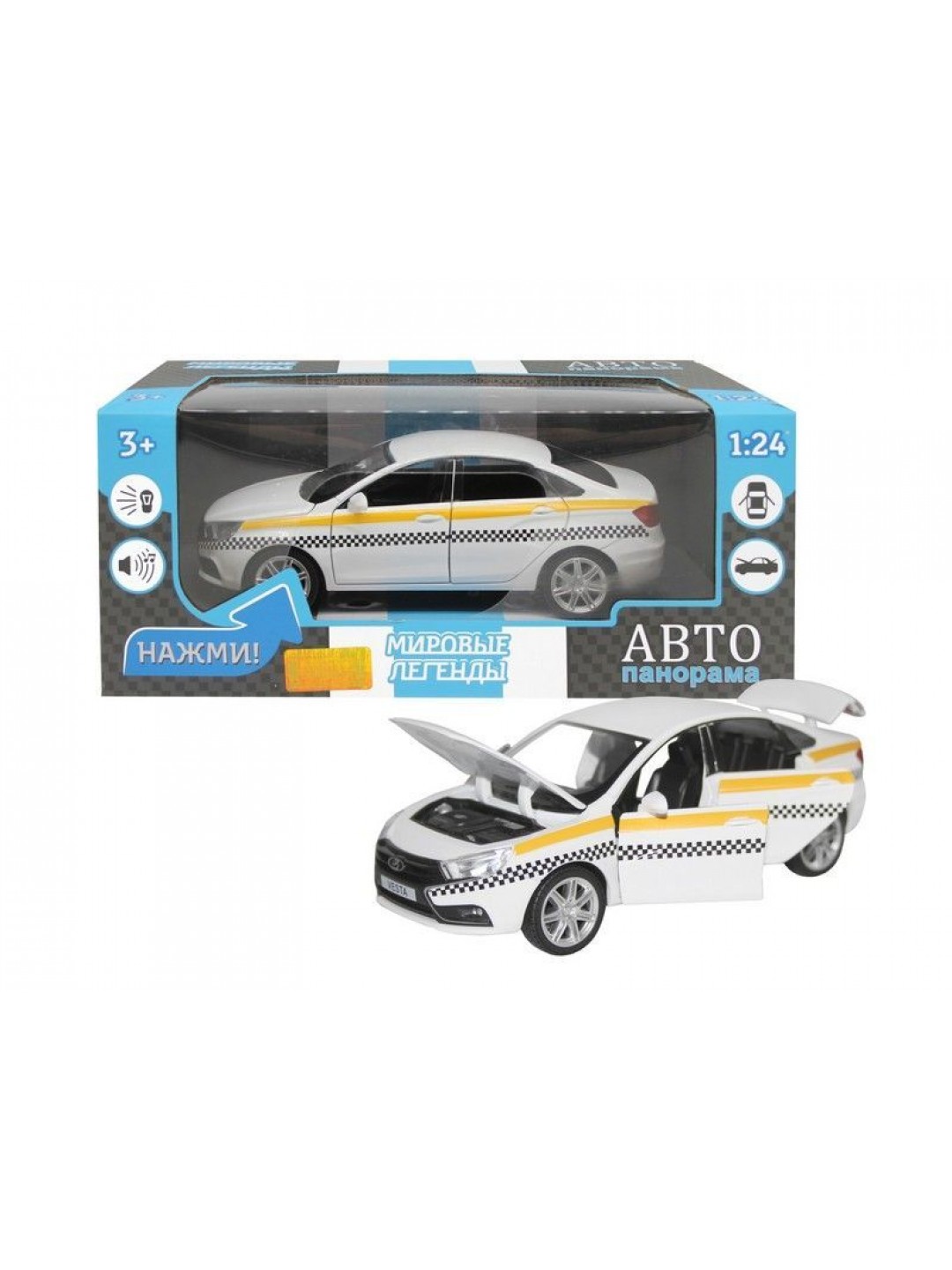 Машина "АВТОПАНОРАМА" LADA VESTA "ТАКСИ" белый, 1/24, свет, звук, инерция, в/к 24,5*12,5*10,5 см