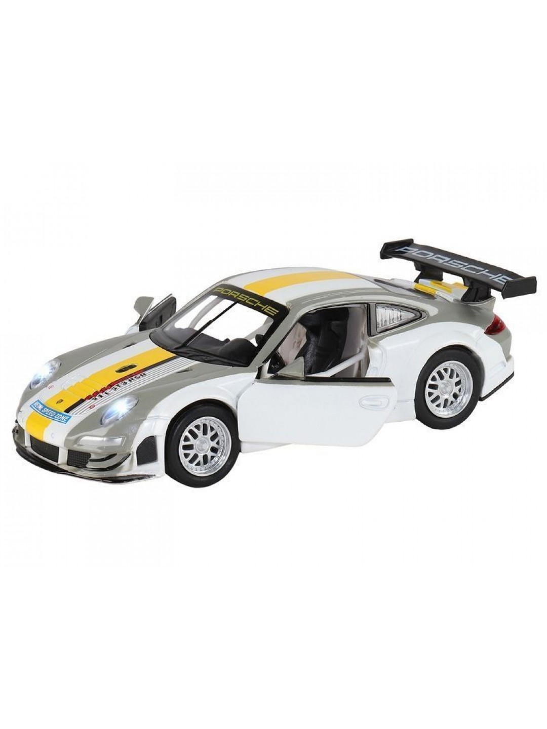 Машина "АВТОПАНОРАМА" Porsche 911 GT3 RSR, серебряный, 1/32, свет, звук, инерция, в/к 17,5*13,5*9см