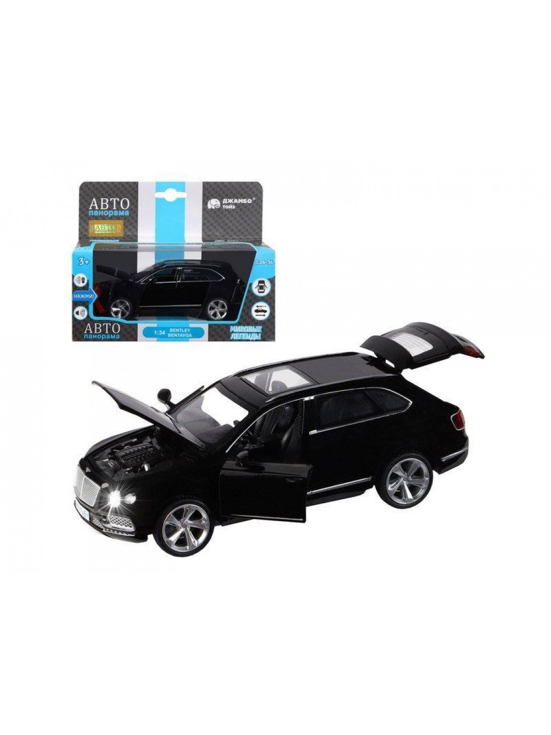 Машина "АВТОПАНОРАМА" Bentley Bentayga, черный, 1/34, свет, звук, инерция, в/к 17,5*13,5*9 см