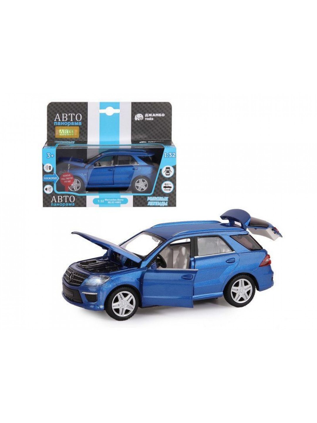 Машина "АВТОПАНОРАМА" Mercedes-Benz ML63 AMG, синий, 1/32, свет, звук, инерция, в/к 17,5*13,5*9 см