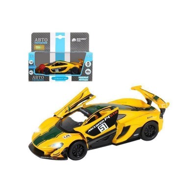 Машина "АВТОПАНОРАМА" Mclaren P1™ GTR, желтый, 1/32, свет, звук, инерция, в/к 17,5*12,5*6,5 см