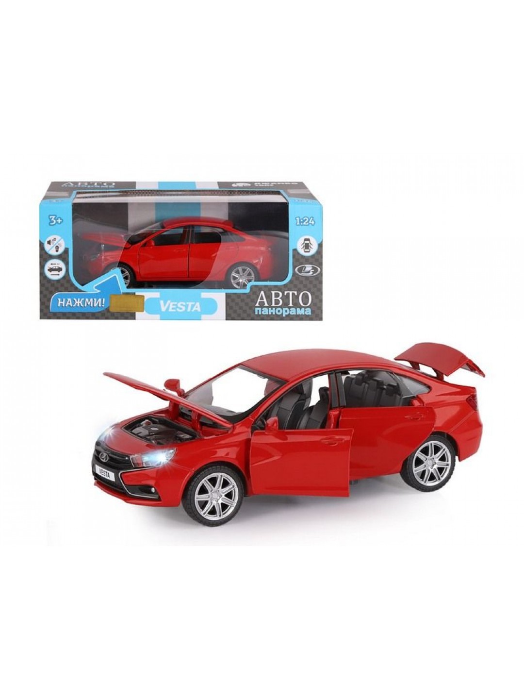 Машина "АВТОПАНОРАМА" LADA VESTA седан, 1/24,  красный, свет. звук. эффекты, в/к 24,5*12,5*10,5 см