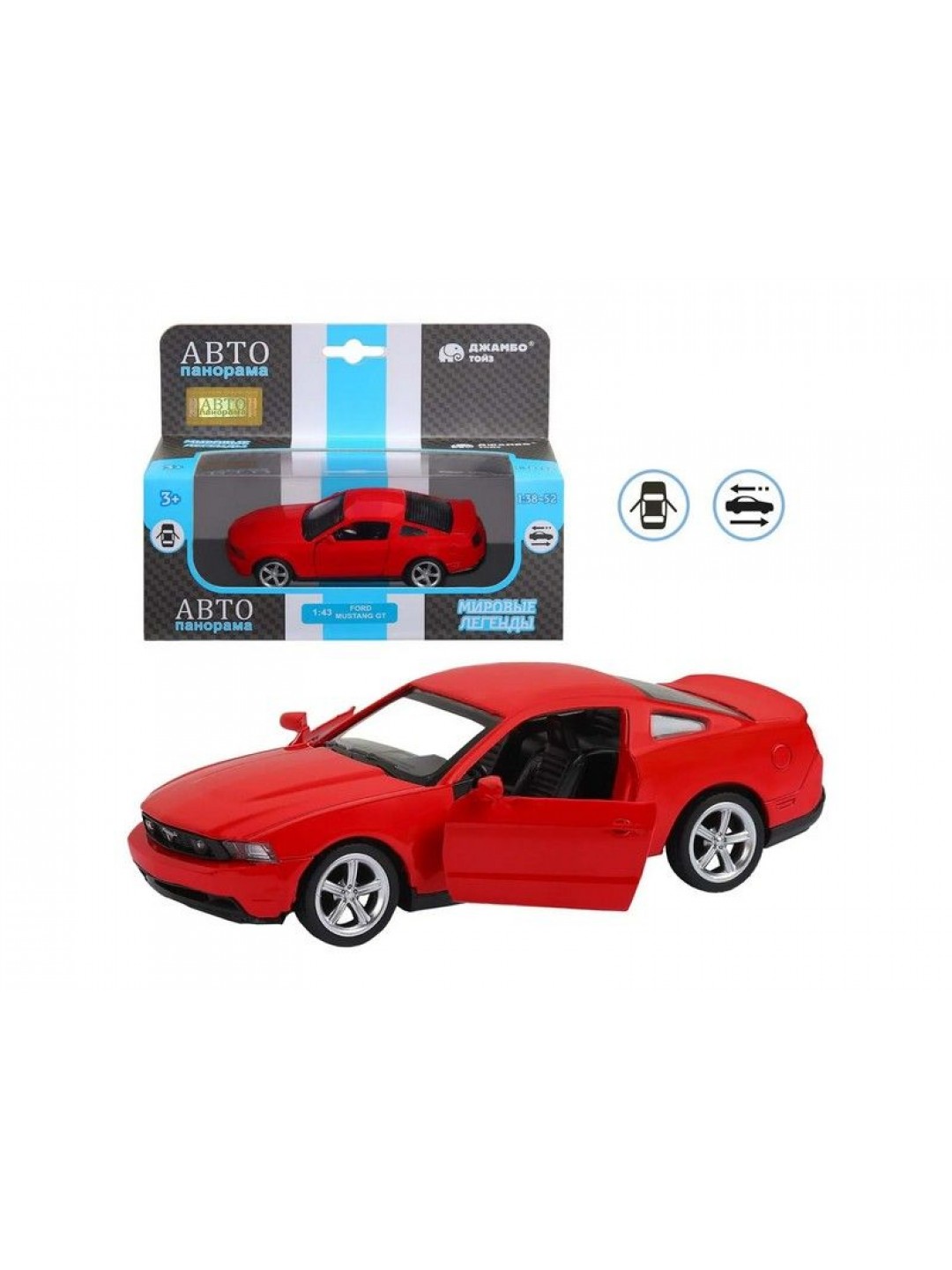 Машина "АВТОПАНОРАМА" Ford Mustang GT, красный, 1/43, инерция, откр. двери, в/к 17,5*12,5*6,5 см