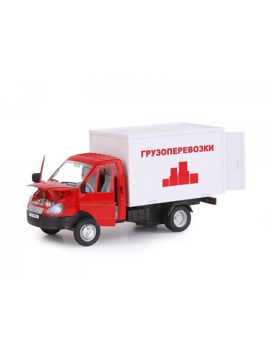 Машина "АВТОПАНОРАМА" ГАЗель-бизнес "Грузоперевозки", красный, 1/28, свет, звук, в/к 24*14*12