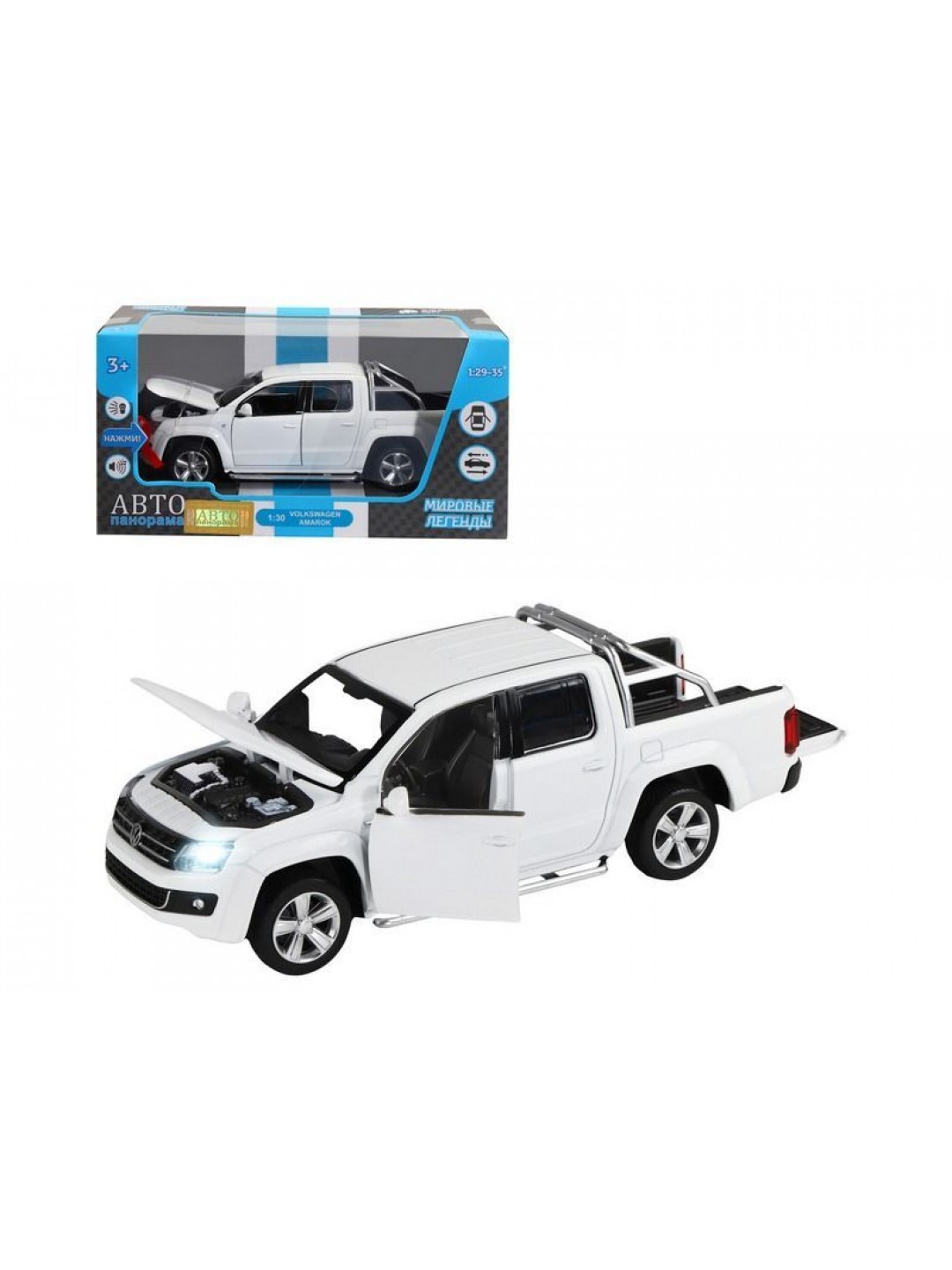 Машина "АВТОПАНОРАМА" Volkswagen Amarok, белый, 1/30, свет, звук, инерция, в/к 20*10*11 см