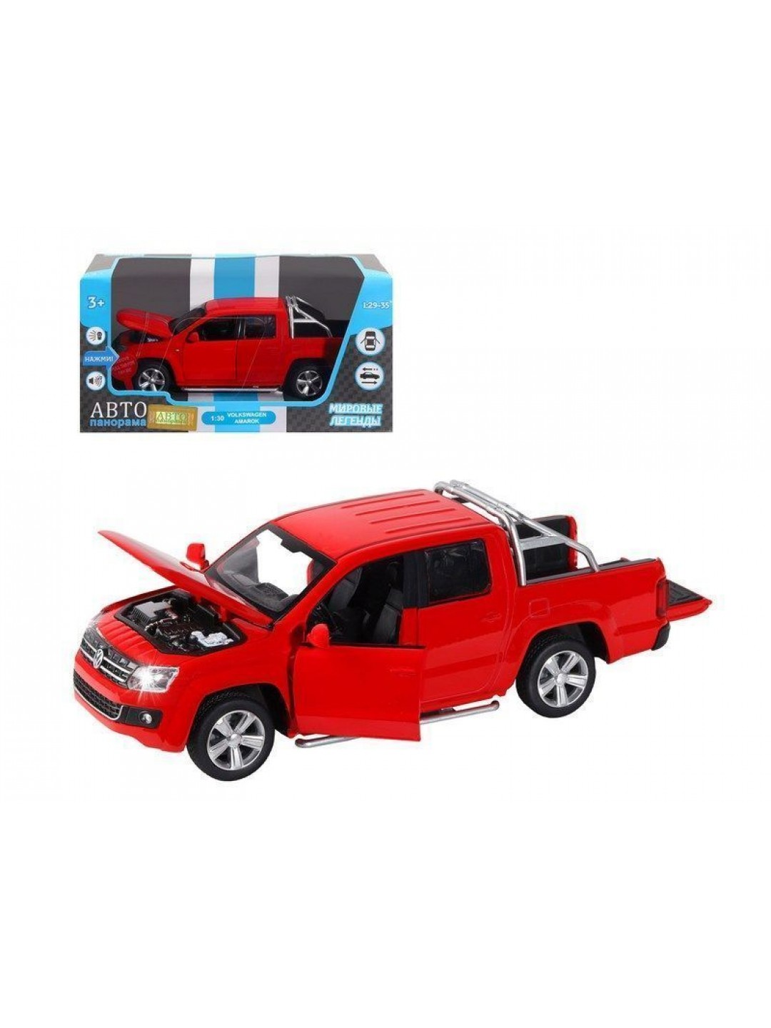 Машина "АВТОПАНОРАМА" Volkswagen Amarok, красный, 1/30, свет, звук, инерция, в/к 20*10*11 см