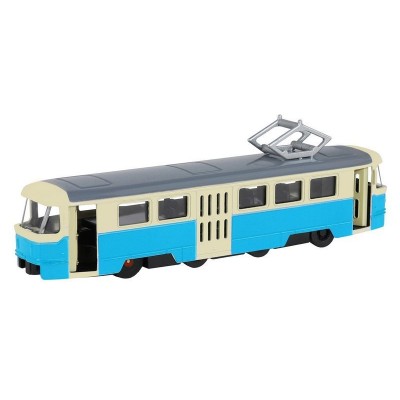 Трамвай "Автопанорама", синий, 1/90, свет, звук, инерция, в/к 22*13,5*5,8 см