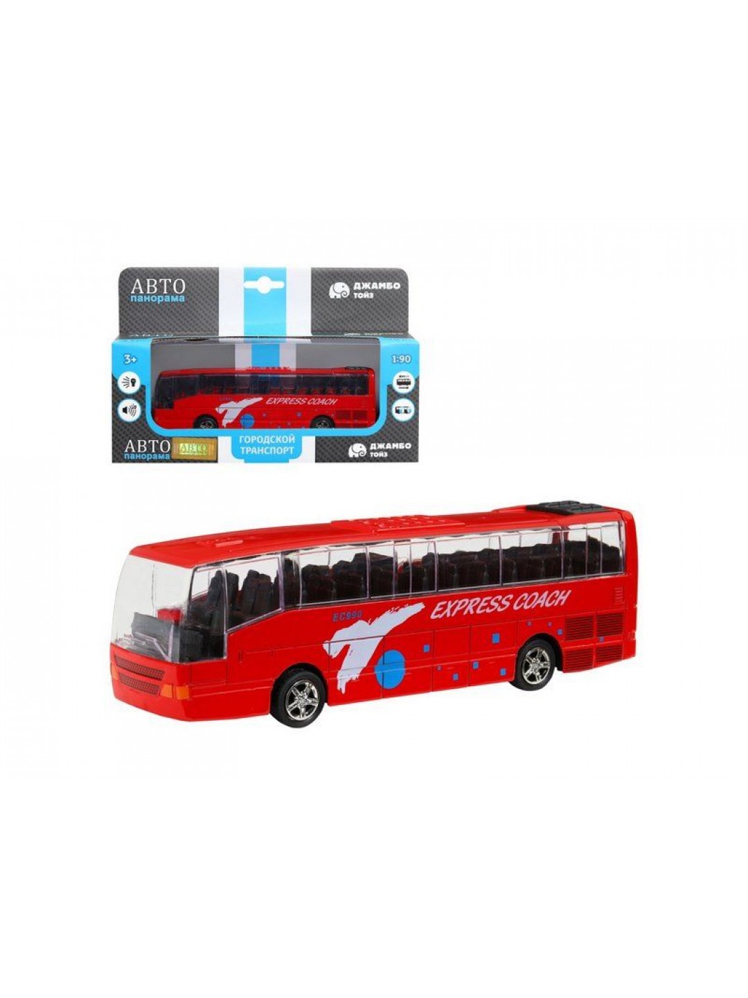 Автобус "Автопанорама", красный, 1/90, свет, звук, инерция, в/к 22*13,5*5,8 см