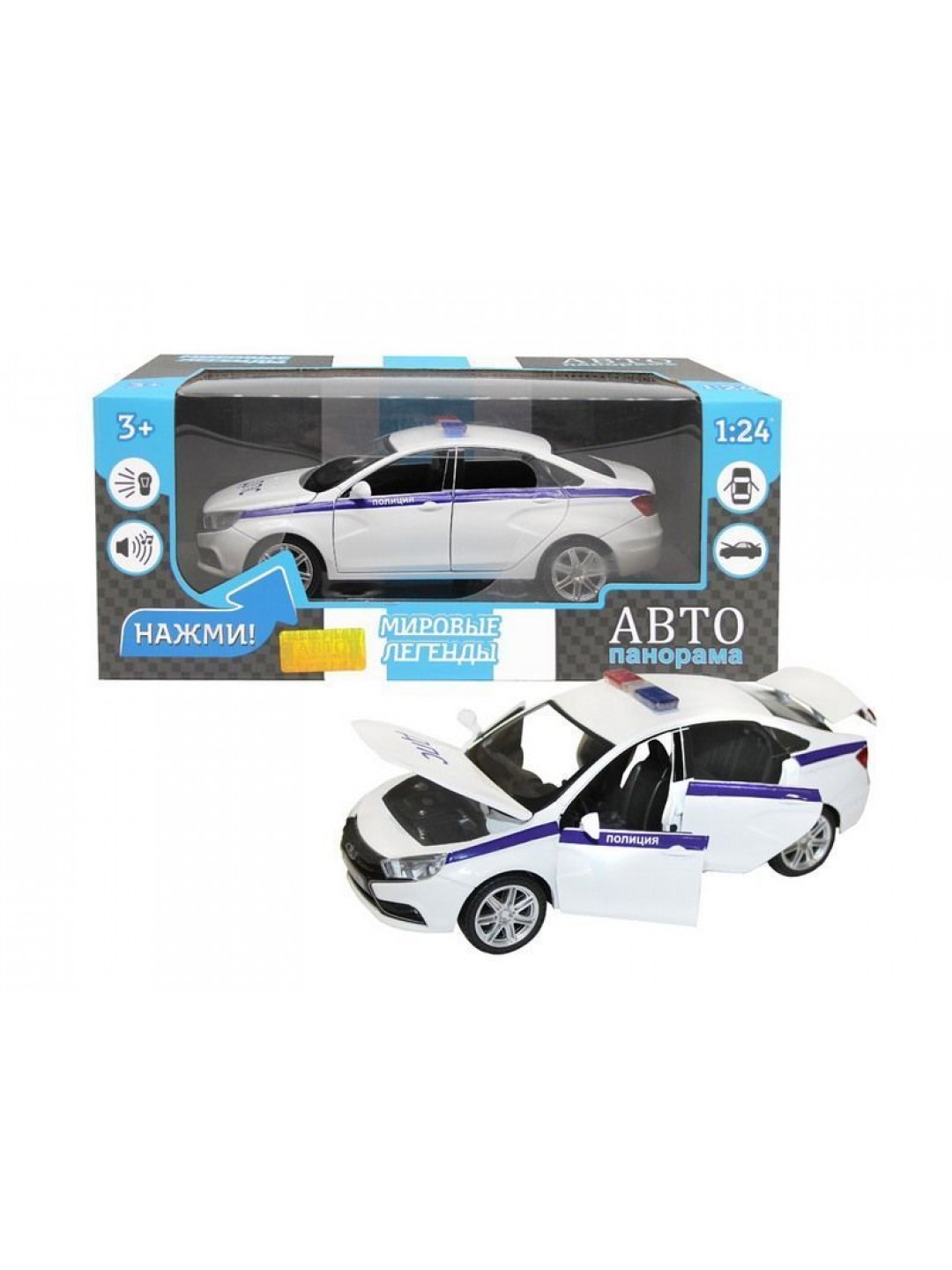 Машина "АВТОПАНОРАМА" LADA VESTA "Полиция" седан, 1/24, свет. звук. эффекты, в/к 24,5*12,5*10,5 см