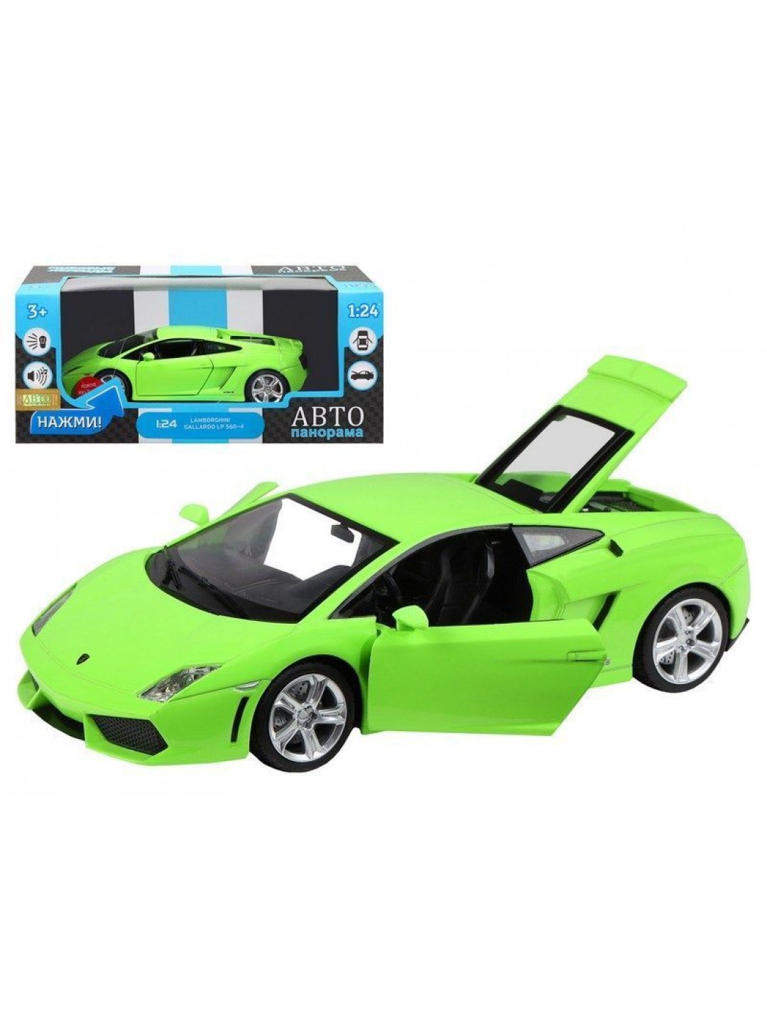 Машина "АВТОПАНОРАМА" Lamborghini Gallardo LP560-4, зеленый, 1/24, свет, звук, в/к 24,5*12,5*10,5см