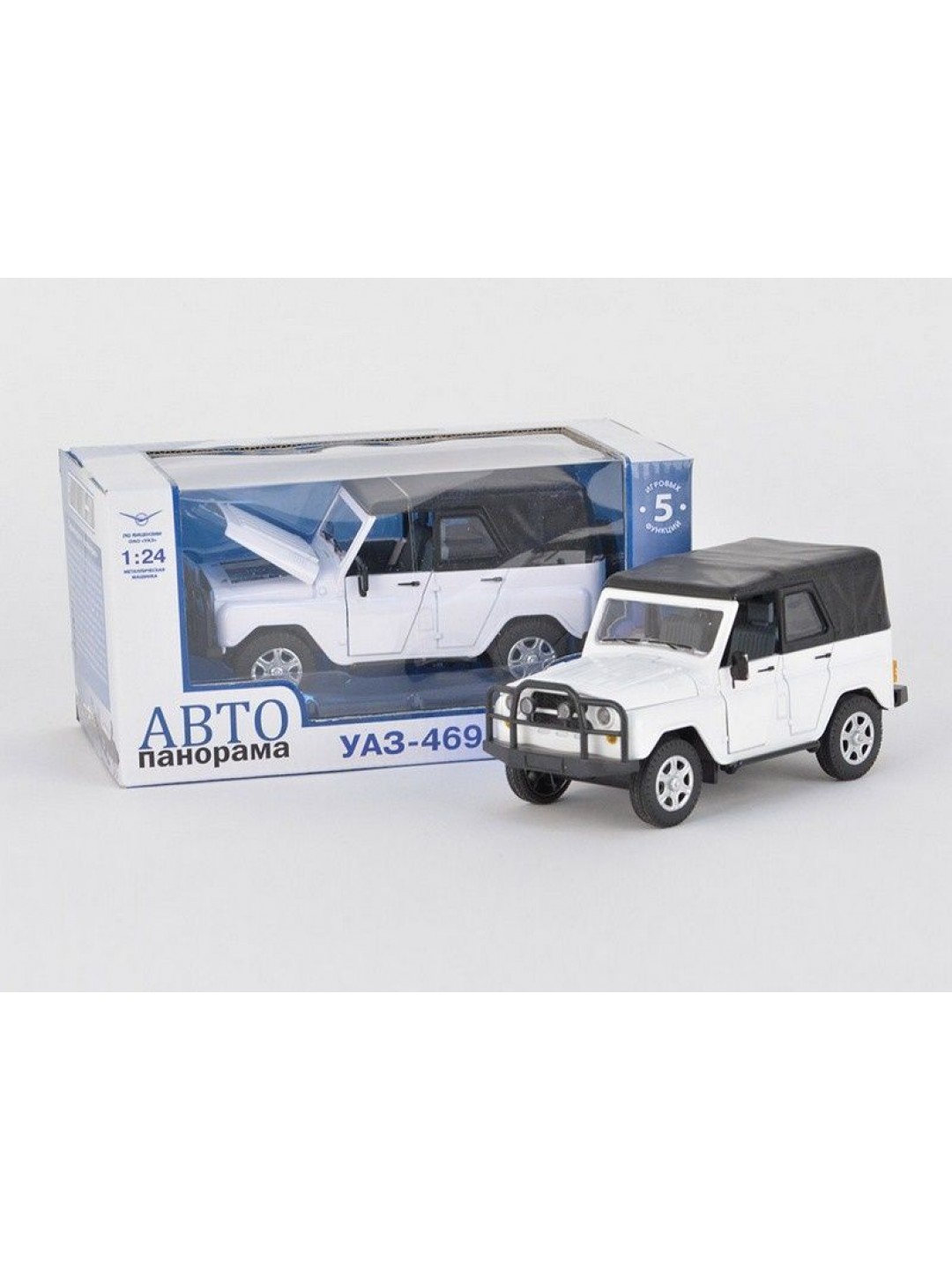Машина "АВТОПАНОРАМА" УАЗ-469 1/24 в/к 22*12*11 см, белая, тент