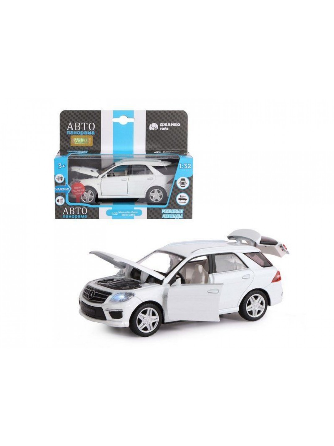 Машина "АВТОПАНОРАМА" Mercedes-Benz ML63 AMG, белый, 1/32, свет, звук, инерция, в/к 17,5*13,5*9 см
