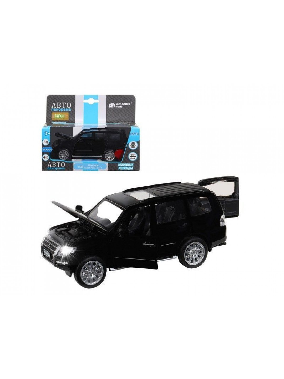 Машина "АВТОПАНОРАМА" Mitsubishi Pajero 4WD Tubro, черный, 1/33, свет, звук, в/к 17,5*13,5*9 см