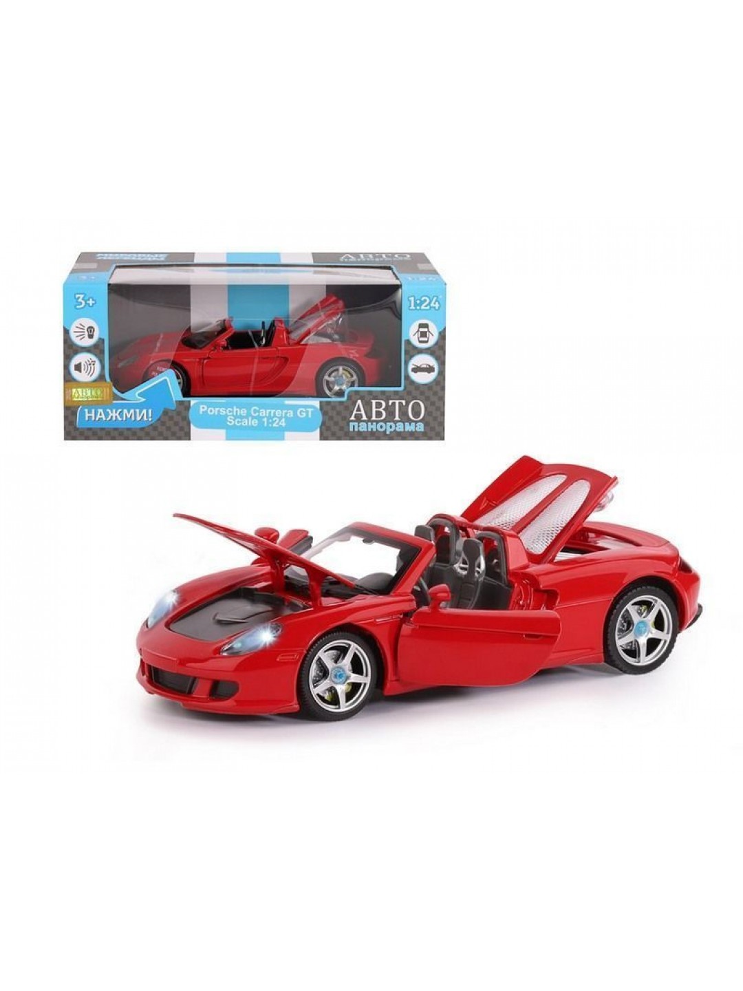 Машина "АВТОПАНОРАМА" Porsche Carrera GT, красный, 1/24, свет, звук, в/к 24,5*12,5*10,5 см