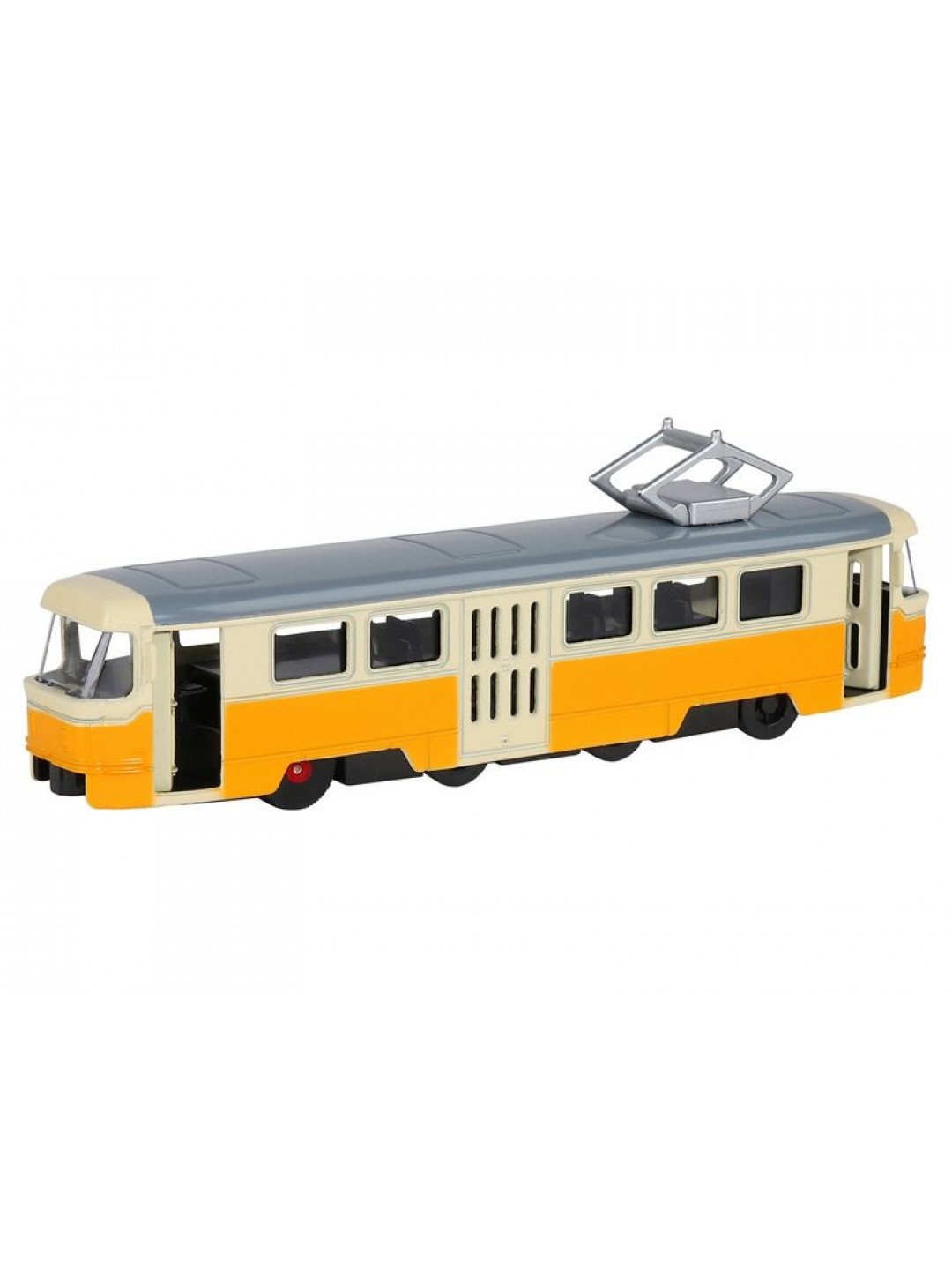 Трамвай "Автопанорама", желтый, 1/90, свет, звук, инерция, в/к 22*13,5*5,8 см