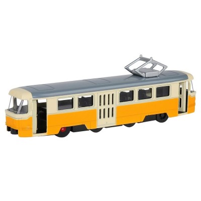 Трамвай "Автопанорама", желтый, 1/90, свет, звук, инерция, в/к 22*13,5*5,8 см