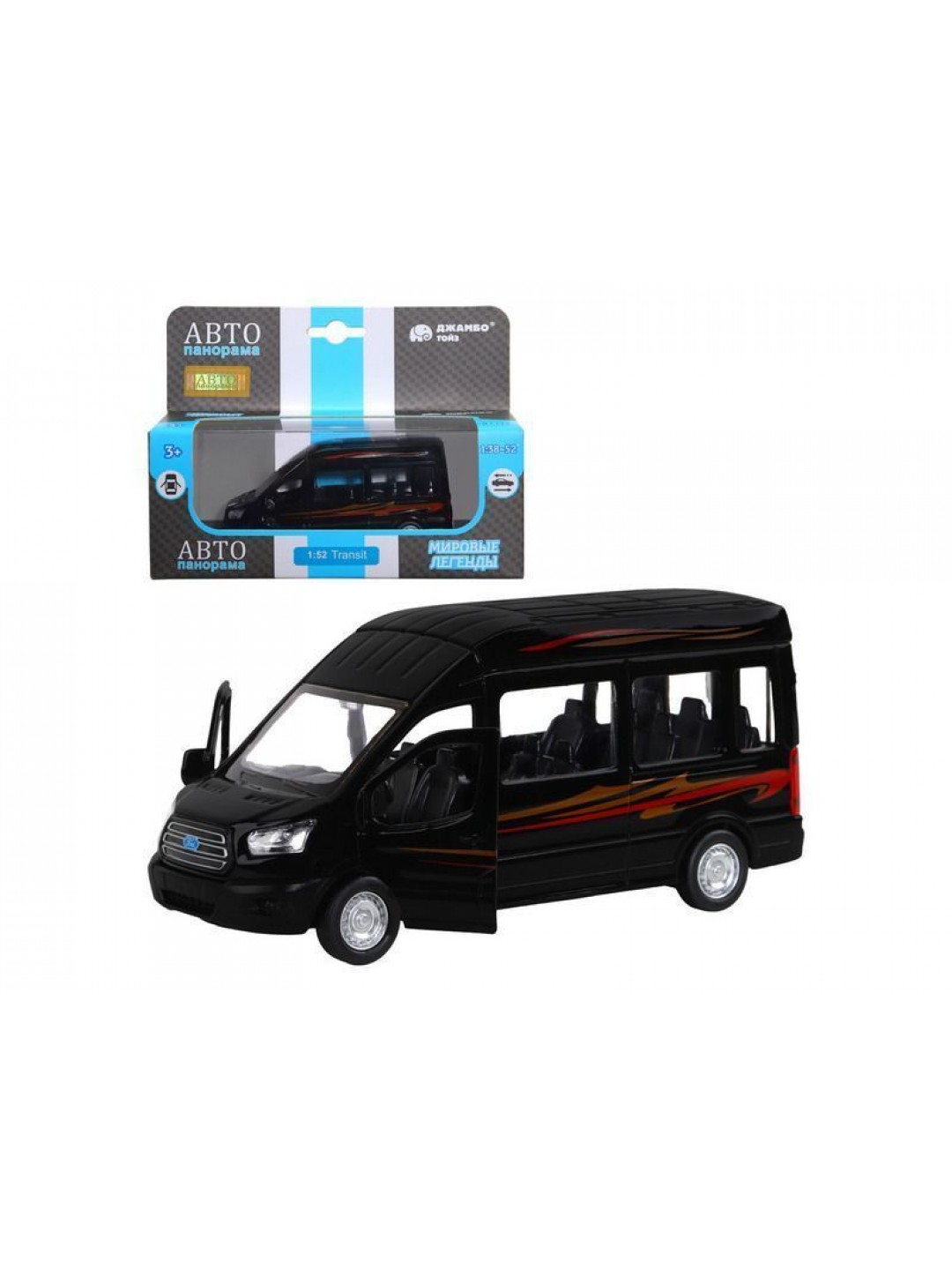 Машина "АВТОПАНОРАМА" Ford Transit, черный, 1/52, инерция, откр. двери, в/к 17,5*12,5*6,5 см