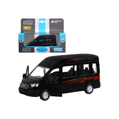 Машина "АВТОПАНОРАМА" Ford Transit, черный, 1/52, инерция, откр. двери, в/к 17,5*12,5*6,5 см