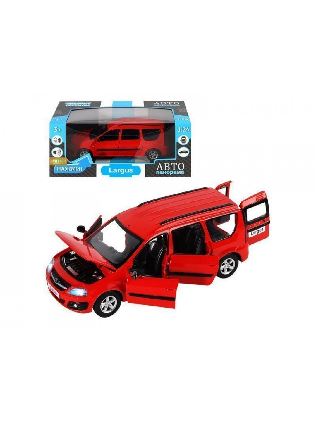 Машина "АВТОПАНОРАМА" LADA LARGUS, красный, 1/24, свет, звук, инерция, в/к 24,5*12,5*10,5 см
