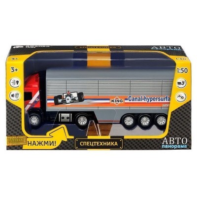 Машина "АВТОПАНОРАМА" Volvo, красный, 1/50, свет, звук, в/к 28*14*10 см