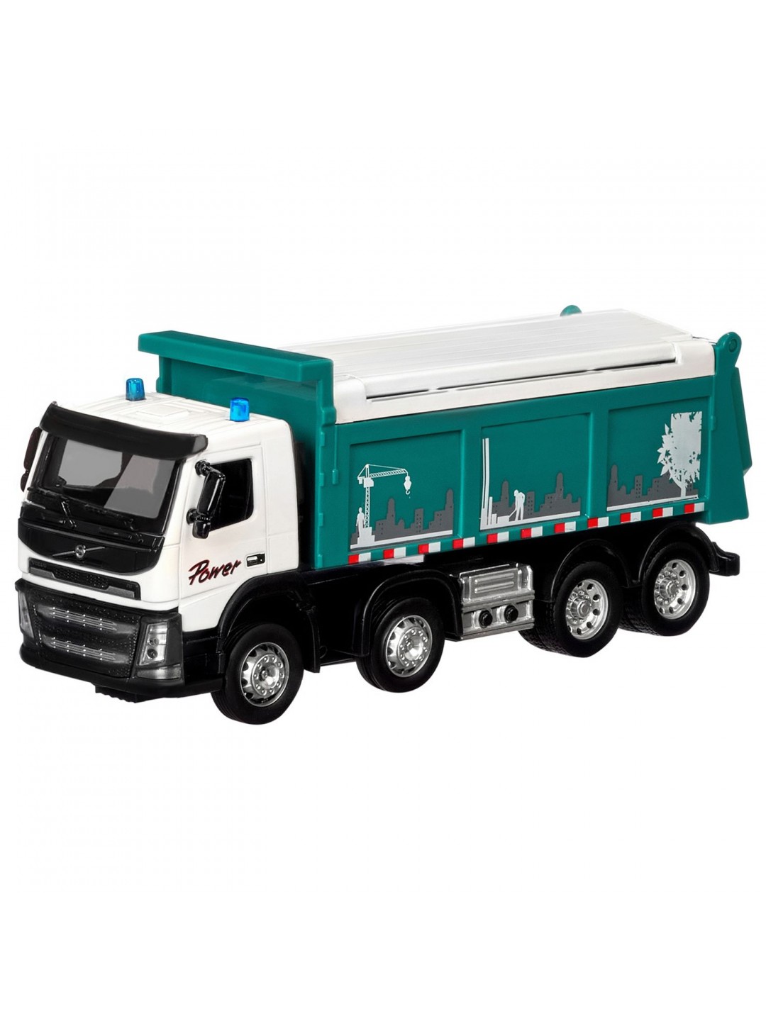 Машина "АВТОПАНОРАМА" Volvo самосвал, зеленый, 1/50, свет, звук, в/к 28*14*10 см