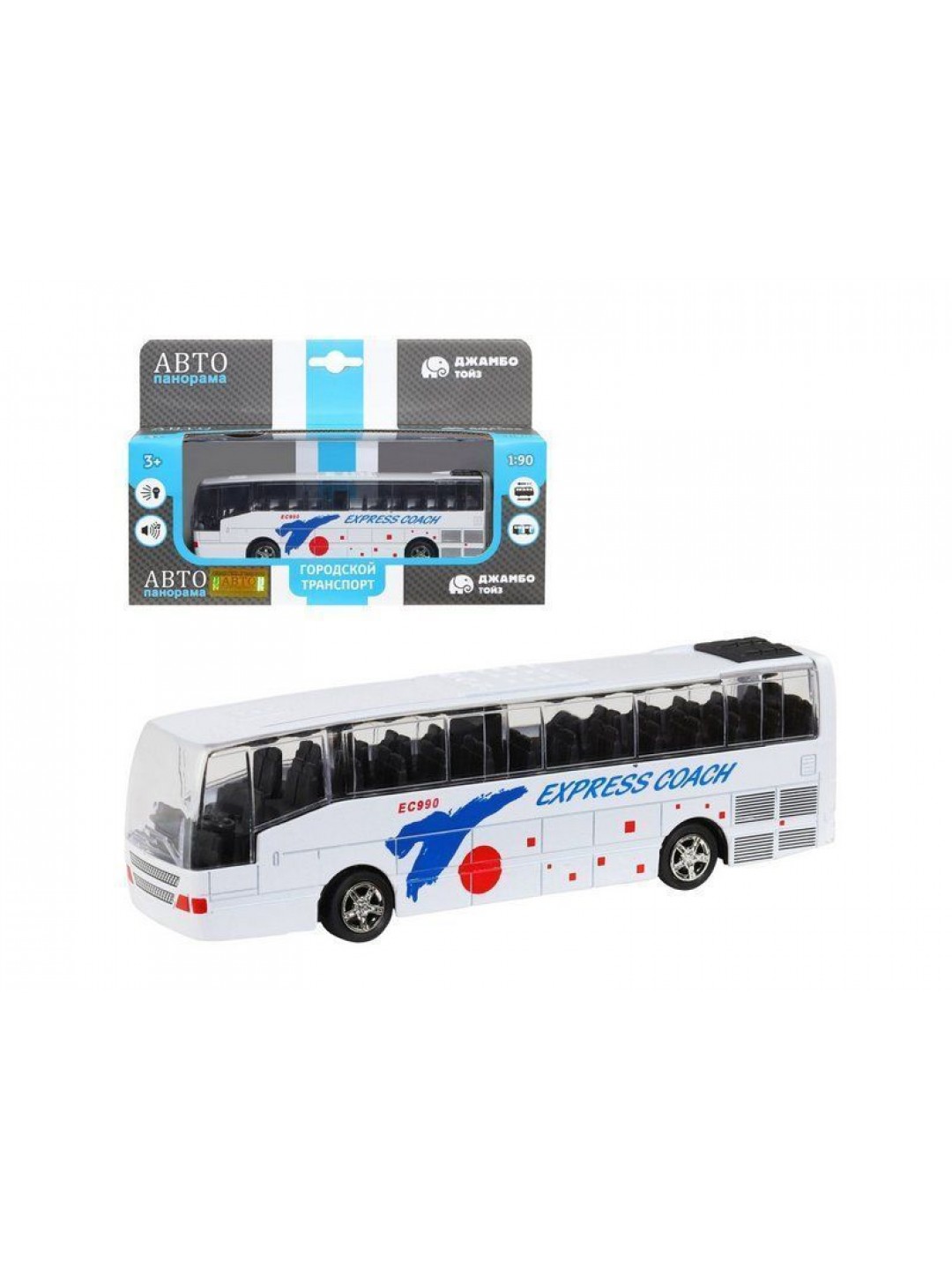 Автобус "Автопанорама", белый, 1/90, свет, звук, инерция, в/к 22*13,5*5,8 см