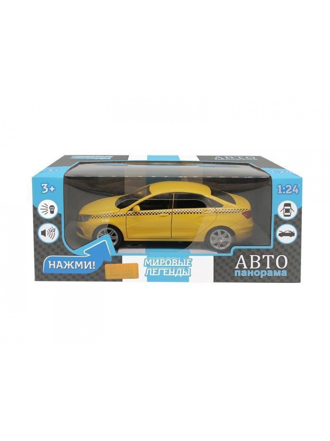 Машина "АВТОПАНОРАМА" LADA VESTA "ТАКСИ" желтый, 1/24, свет, звук, инерция, в/к 24,5*12,5*10,5 см