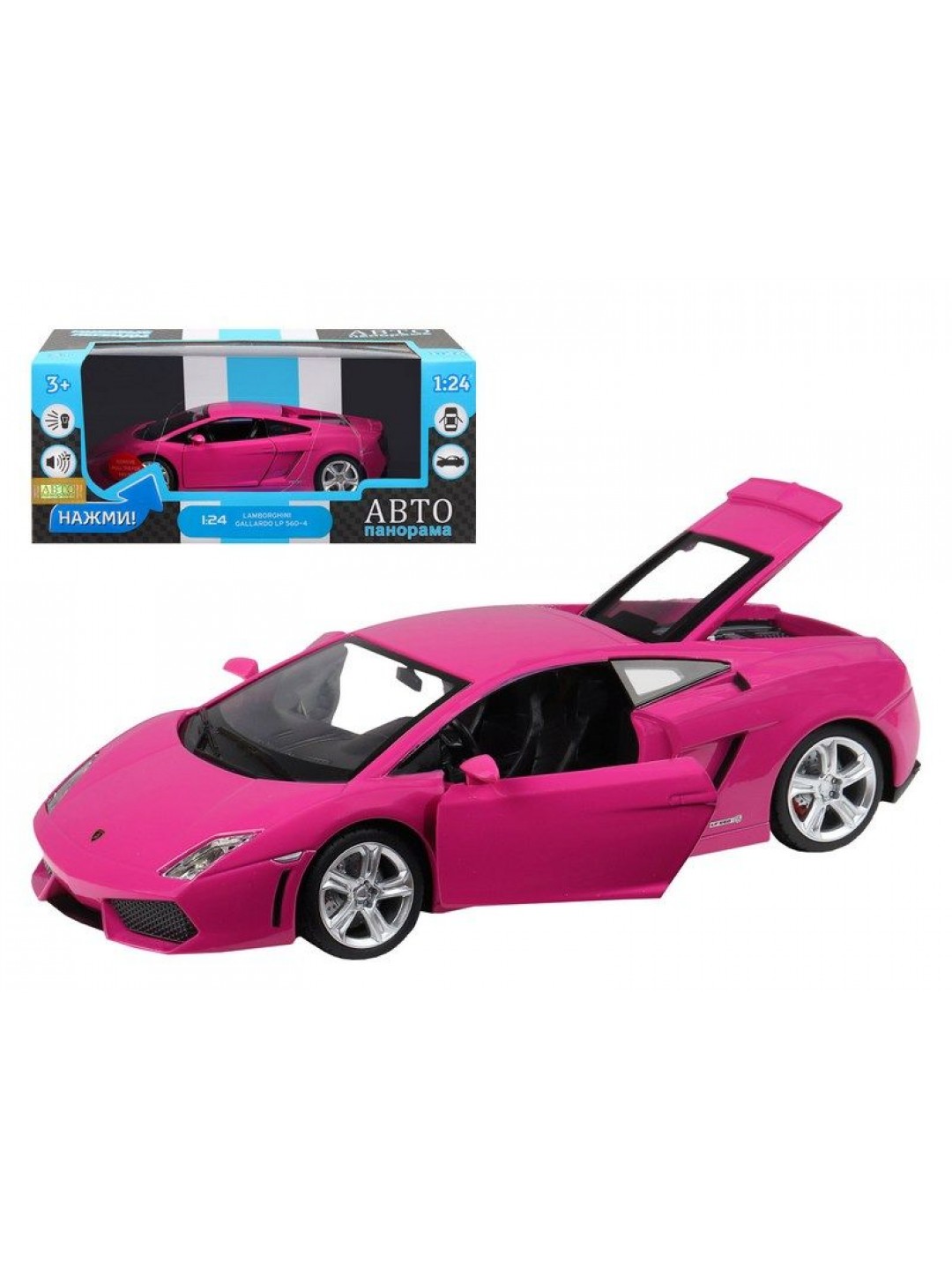Машина "АВТОПАНОРАМА" Lamborghini Gallardo, розовый, 1/24, свет, звук, в/к 24,5*12,5*10,5 см