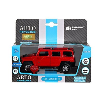 Машина "АВТОПАНОРАМА" Hummer H3, красный, 1/32, свет, звук, инерция, в/к 17,5*13,5*9 см